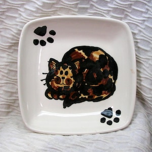 Smiling Tortie Cat Pet Food Bowl Square Pottery Dish Handmade by Grace M Smith