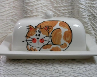 Ginger Rust Tabby Cat On Earthenware Clay Butter Dish Handpainted Original by Grace M Smith