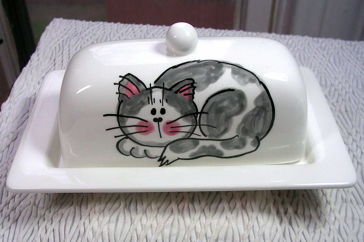 Grey Tabby Cat On Ceramic Butter Dish Handpainted Original by Etsy