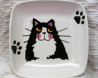 Smiling Black & White Tuxedo Cat On Square Ceramic Dish / Bowl Handmade by Grace M. Smith