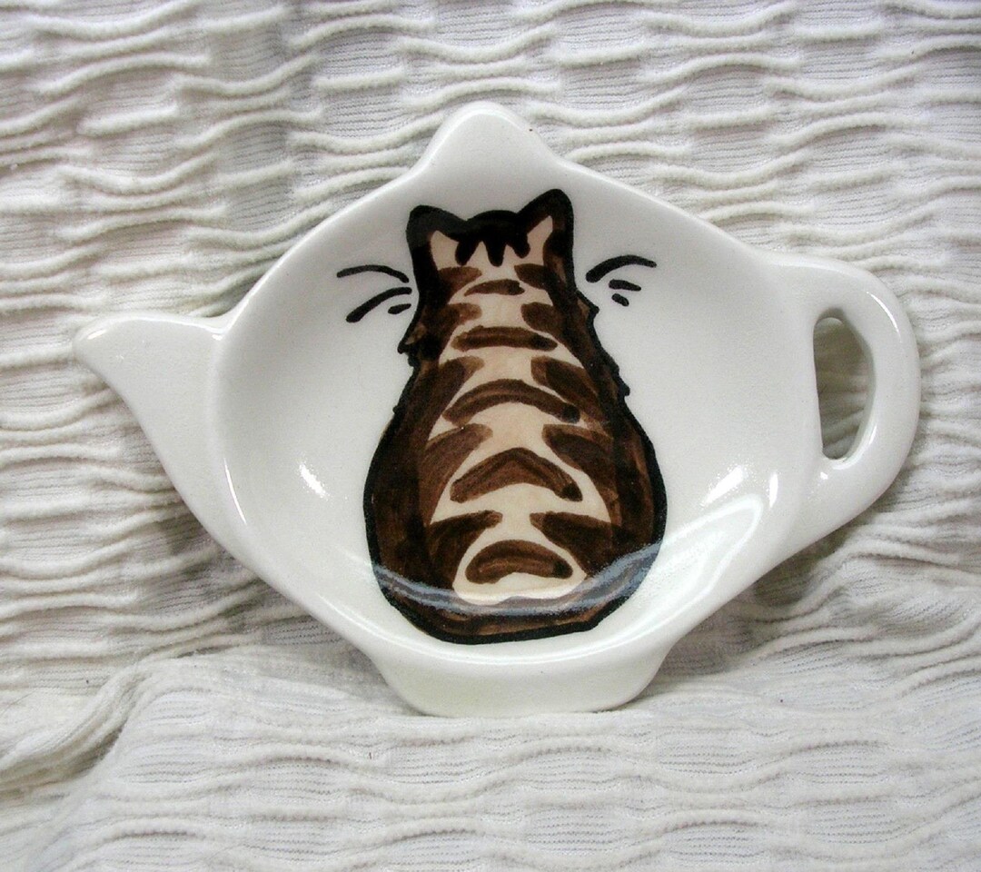 Brown Striped Tabby Cat Tea Bag Holder Handmade in Clay by Grace M