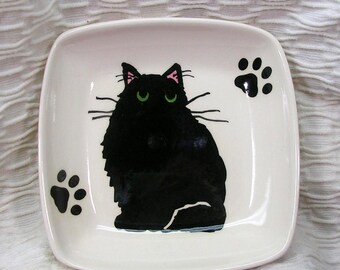 Fluffy Black Cat With Green Eyes On A Square Clay Dish / Bowl Ceramic Handmade by Grace M Smith