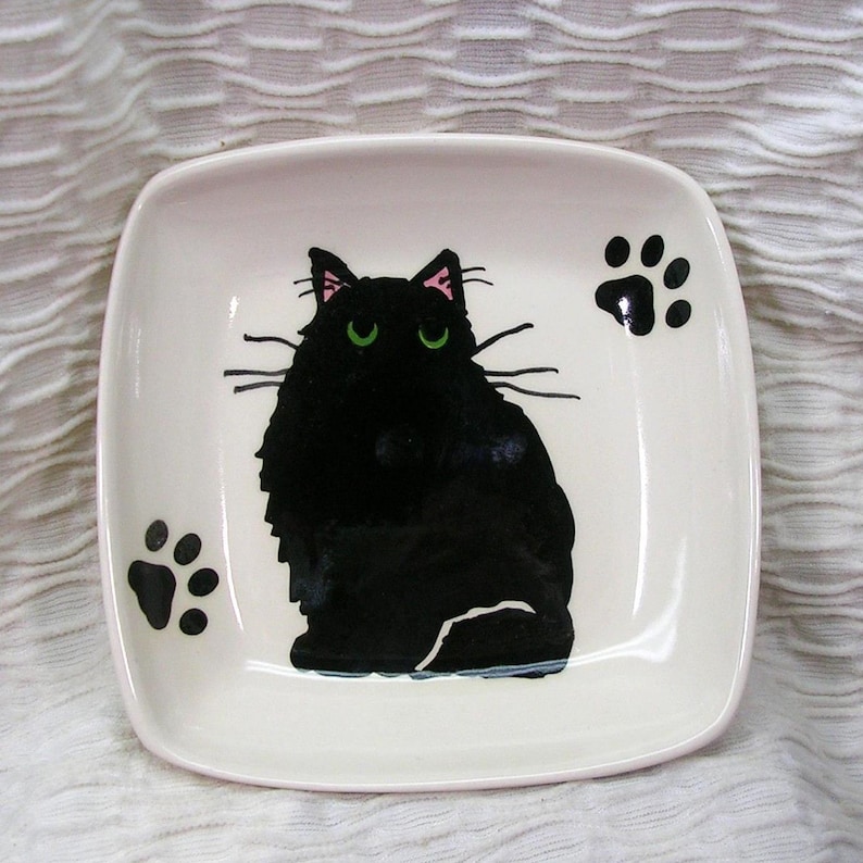 Fluffy Black Cat With Green Eyes On A Square Clay Dish / Bowl Ceramic Handmade by Grace M Smith image 1