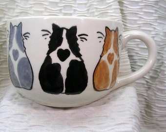 Jumbo Cat Soup / Latte Mug Three Love Cats Earthenware Clay Handcrafted by Gracie