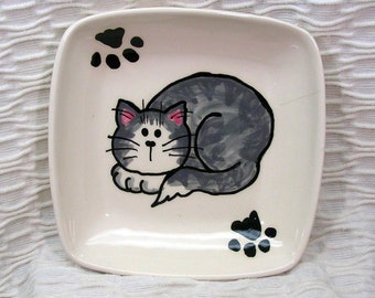 Gray Striped Cat Pottery Dish Original Design Handmade by Grace M Smith