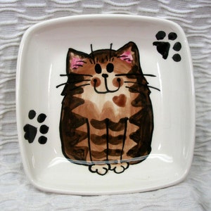 Brown Striped Tabby Cat On Square Clay Dish with Paw Prints Earthenware Clay Kiln Fired image 1