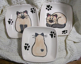 Lilac Point Siamese / Himalayan Square Cat Dish with Paw Prints Earthenware Clay Kiln Fired by Gracie