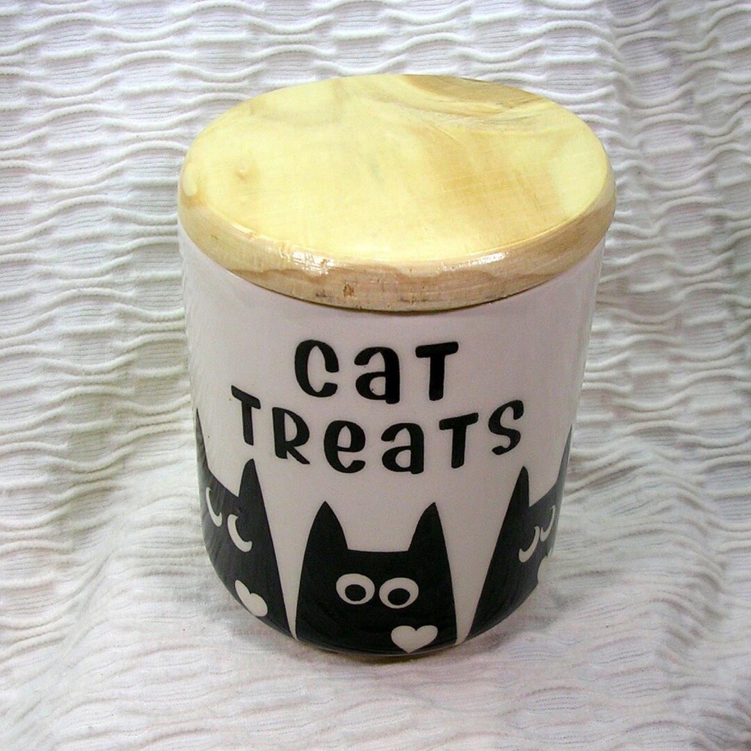 Clay Cat Treat Canister With Wooden Lid 3 Cats Design Handmade by