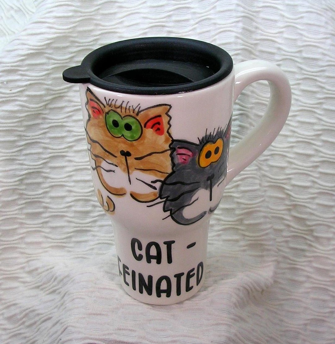 Goofy Cats Travel Mug Handmade Catfeinated Original Design Kiln Fired