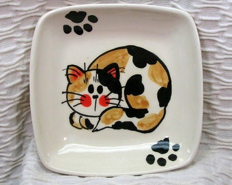 Calico Cat with Paw Prints On Square Ceramic Dish / Bowl Handmade by Gracie