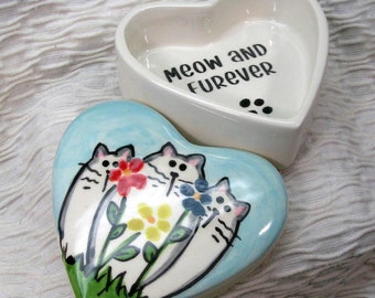 Cats And Flowers On Heart Box Earthenware Clay Lidded Decorative Box Handmade GMS