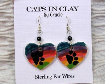 Paw Prints Rainbow Heart Shaped Clay French Wire Earrings Handmade by Gracie