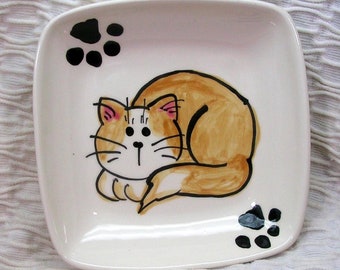 Orange & White Cat with Paw Prints On Square Ceramic Dish / Bowl Handmade