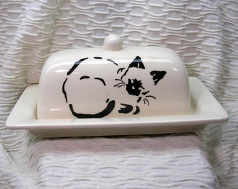 Siamese Cat Stencil Design On Butter Dish Ceramic Handpainted Original by Grace M Smith