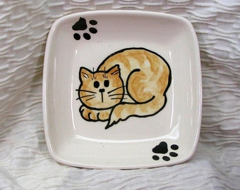 Cream Striped Tabby Cat Original Design Painted On Square Dish Handmade Ceramic by Grace M Smith