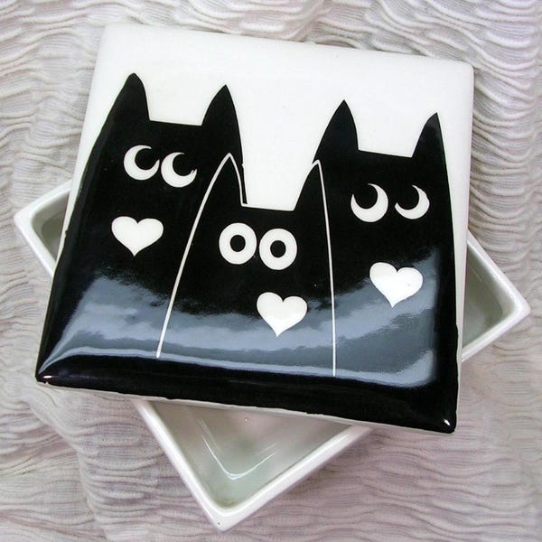 Black Cats On 5 Inch Square Covered Box Handmade Clay By Gracie