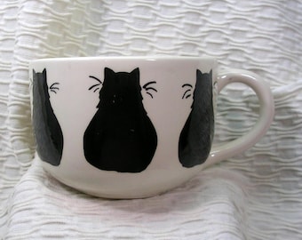 Trio de chats noirs géants à soupe ou tasse à café au lait en stock et prêt à expédier, céramique faïence faite main par GMS