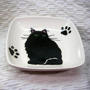 Fluffy Black Cat With Green Eyes On A Square Clay Dish / Bowl Ceramic Handmade by Grace M Smith image 2