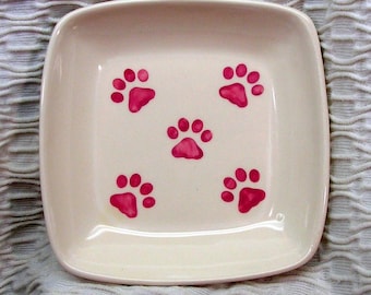 Pink Paw Prints On A Square Clay Dish / Bowl Ceramic Handmade by Grace M Smith