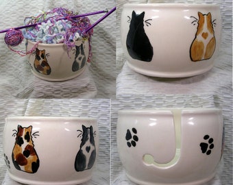 Five Cats On Knitting Or Crochet Bowl Handmade Original Design Earthenware Clay by Grace M Smith