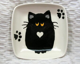 Black Cat With Heart On A Square Clay Dish / Bowl Ceramic Handmade by Grace M Smith