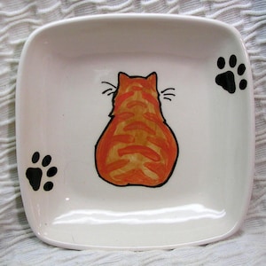 Orange Striped Tabby Cat Original Design Painted On Square Dish Handmade Ceramic by Grace M Smith