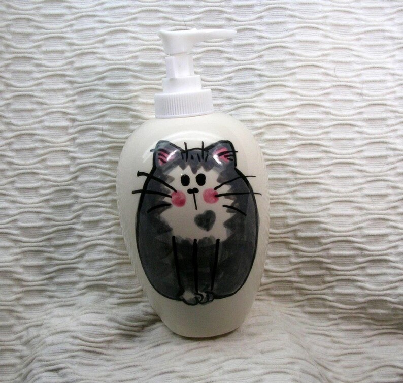 Gray Striped Tabby Cat Lotion Bottle Or Soap Dispenser Ceramic Handmade by Grace M. Smith image 3