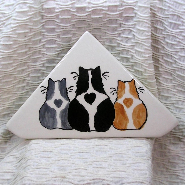 Handmade Clay Cat Trio Napkin Holder: Whimsical Mail & File Organizer