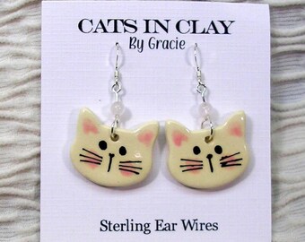 White Cat Clay Earrings Handmade French Wire With Stone Bead by GMS