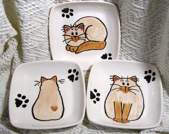 Flame Point Siamese / Himalayan Square Cat Dish with Paw Prints Earthenware Clay Kiln Fired by Gracie