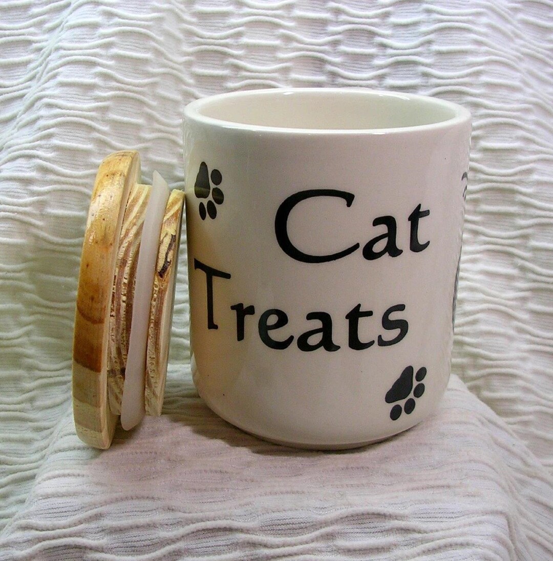 Clay Cat Treat Canister With Wooden Lid 3 Cats Design Handmade Etsy