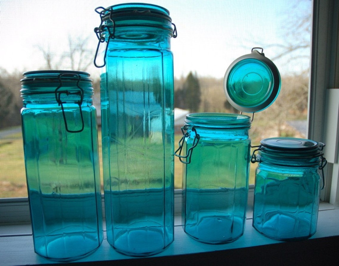 Vintage Blue Glass Canister Set. 4 Aqua / Turquoise Jars Etsy