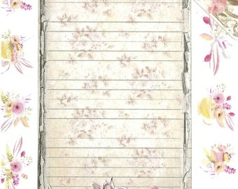 May include: A vintage-style lined paper background with a floral border. The paper has a distressed look and is perfect for journaling or scrapbooking. The floral border features pink roses and green leaves.