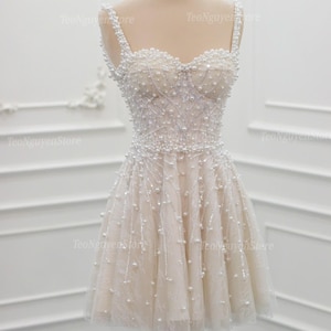 Short Wedding Dress With Pearls. Pearl Party Dress. Mini Corset Wedding Dress. Custom mini dress for event. Mini Reception Dress.
