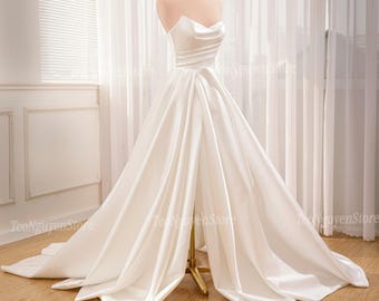 Sexy Satin Slit Wedding Dress. Sweet Satin Train Ivory A-Line Wedding Dress. Elegant Satin Bridal Gown. Custom Wedding Dresses For Brides.