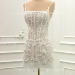 Corset Reception Dresses. Lace and Pearls Short Wedding Dresses. Custom Short Party Dresses. Custom Short Wedding Dresses.