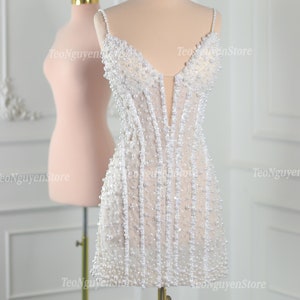 Pearl Reception Mini Dress. Short Wedding Dress With Pearls. Mini Corset Wedding Dress. Pearl Party Dress. Custom mini dress for Event.