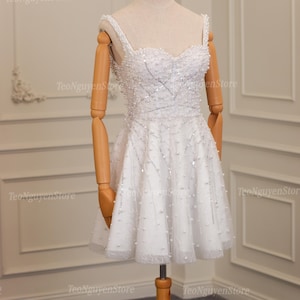 Mini Corset Wedding Dress. Pearl Party Short Dress. Custom Mini Bridal Dress. Pearl Reception Mini Dress. Short Wedding Dress With Pearl