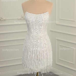 Pearl short wedding dresses. Luxurious sparkling short reception dresses. Pearl and sequins party dresses. Custom short dresses for events.
