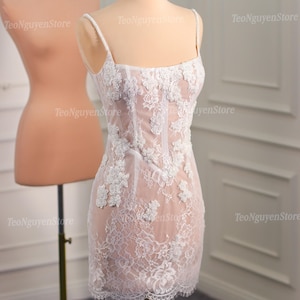 Short lace beaded wedding dress. Mini corset party dress. Custom short wedding dress. Custom short party dress. Short lace dress for bride.