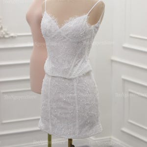 Short 2-piece Beaded Wedding Dress. Mini 2-piece Lace Beaded Wedding Dress. Short Bridesmaid Dress. White Lace and Beaded Party Dress.