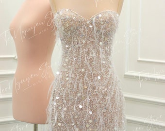 Sparkle Mini Reception Dress, Sparkling Short Wedding Dress, Custom Short Dess, Party Short Dress With Sequins and Feathers.