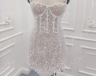 Short Wedding Dress With Pearls. Mini Corset Wedding Dress. Pearl Event ...