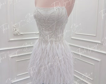Luxurious short wedding dress.  Mini dress with beads and feathers.  Unique party dress.  Custom mini dress.