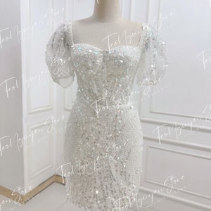 Sequins party dress.  Sparkly short wedding dress for the bride.  Mini wedding dress.  Custom mini dress.
