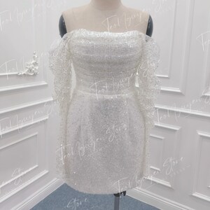 Sparkle Short Wedding Dress. Elegant Mini Reception Dress. Mini Party dress. Short Long Sleeve Event Dress. Custom Short Dress.
