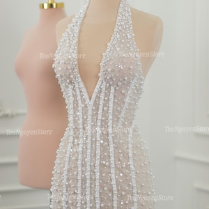 Short Wedding Dress with Pearls. Short wedding dress with pearls and sequins. Mini corset wedding dress with halter neck. Short Party Dress