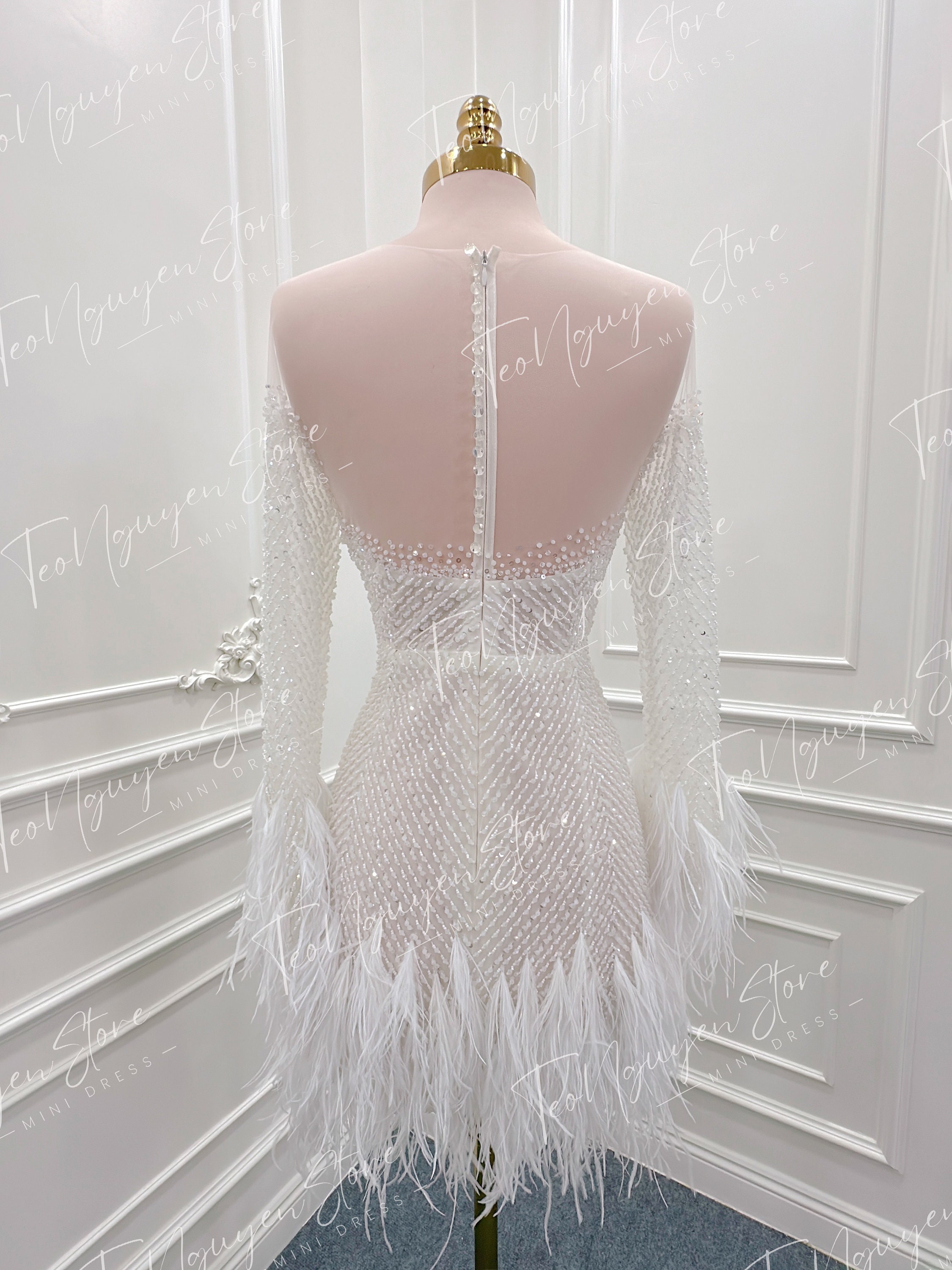 Short Beaded Wedding Dress Mini Wedding Dress With Beads and Feathers