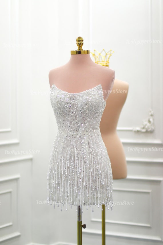 Luxury Pearl mini wedding dress. Sparkly short wedding dress. Pearl short Reception dress. Custom short dress. Party short Dress