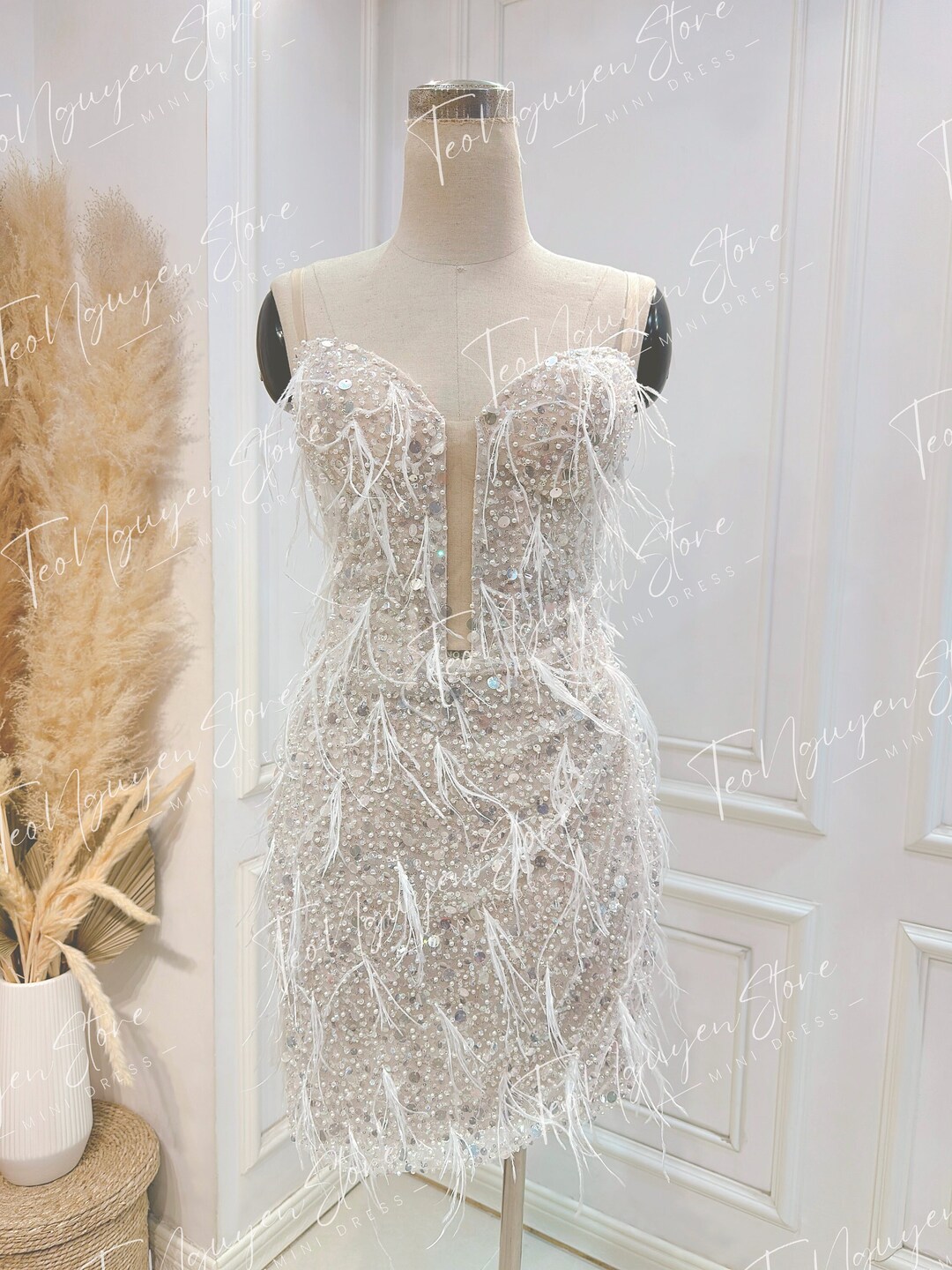 Sparkling Short Wedding Dress. Mini Wedding Dress With Feathers. Short ...